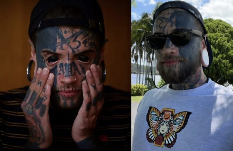 Un père, dont le corps est entièrement couvert de tatouages, subit une transformation pour sa petite fille