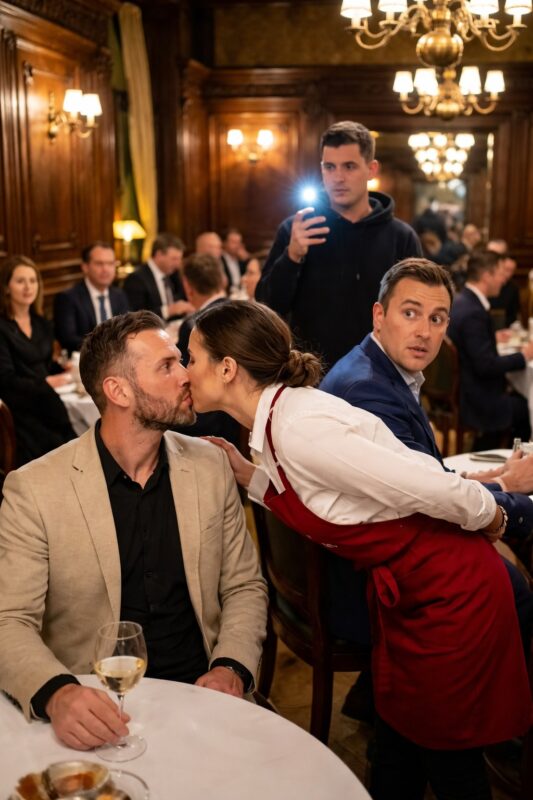 La serveuse s’approcha et embrassa le jeune homme assis à la table ։ Mais lorsque sa femme entra dans la salle et vit cela, elle fit un geste qui laissa tous les présents sous le choc