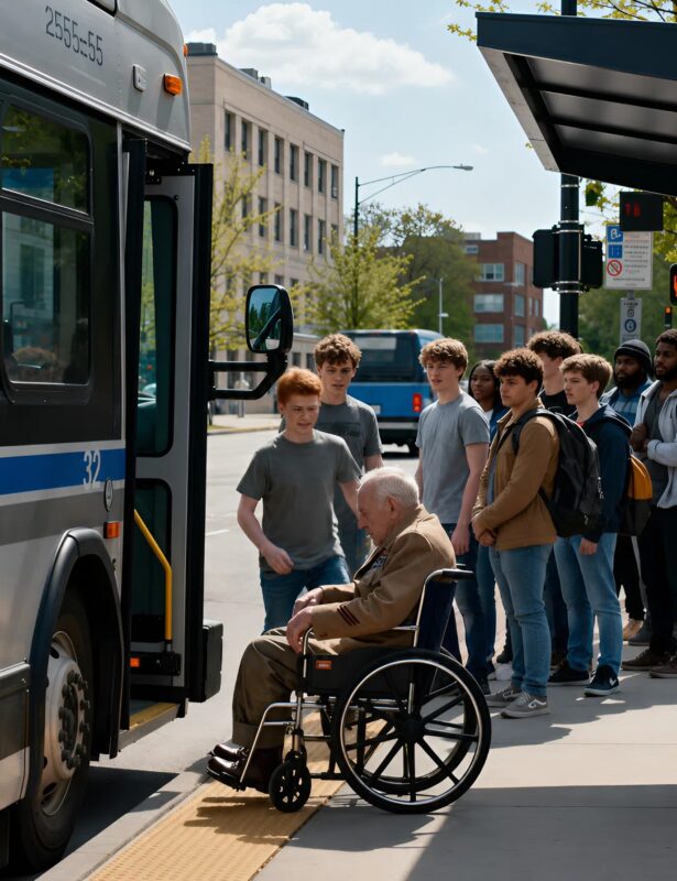 L’un des jeunes hommes, pour paraître fort, s’est approché et a donné un coup de pied à un ancien vétéran assis dans un fauteuil roulant, mais lorsque le chauffeur de bus a vu tout cela, il s’est approché d’eux, et ce qu’il a fait a choqué tout le monde sur place